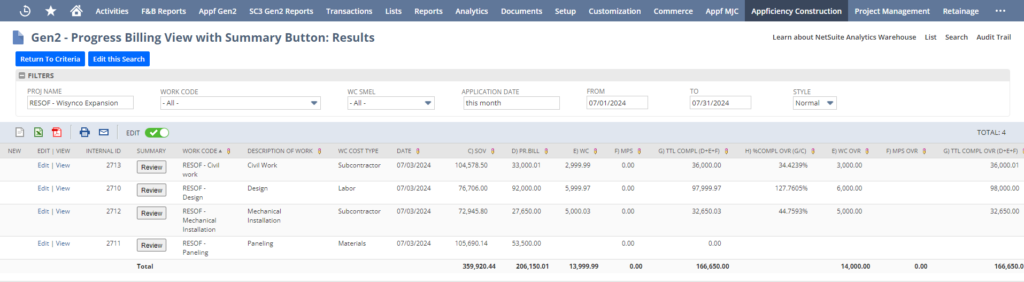 WIP Accounting Summary Overview in NetSuite.